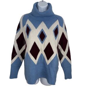 J. Crew Argyle Soft Yarn Oversize Turtleneck Sweater Blue Burgundy Women Size XS